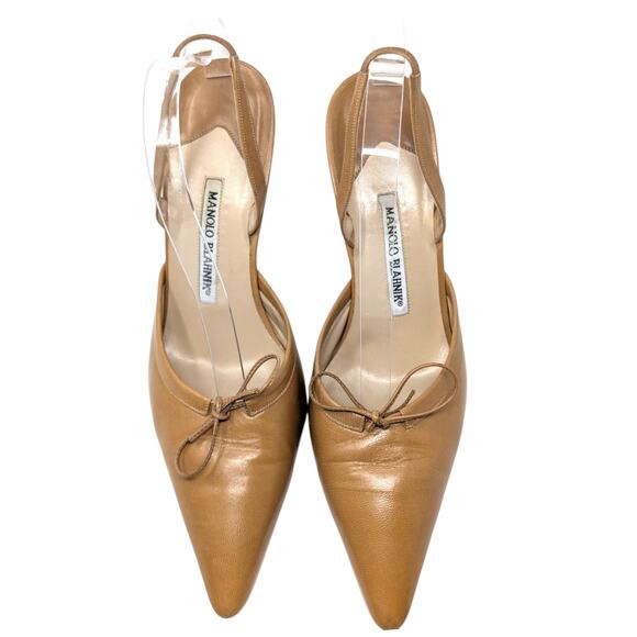Manolo Blahnik Tan Leather Slingback Heels Pointed Toe Designer Kitten Heels 40 - Picture 2 of 9